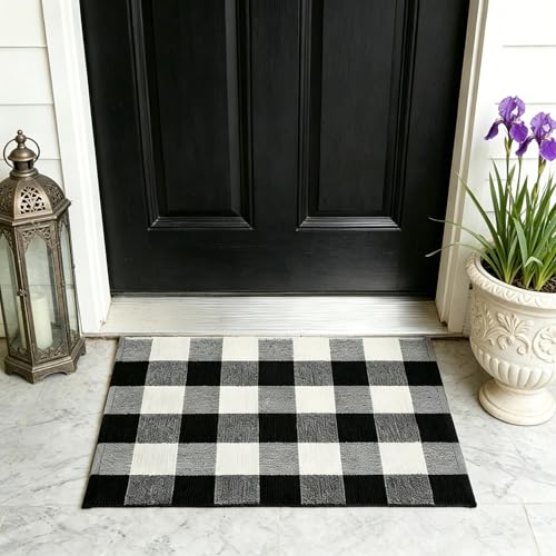 MUBIN Cotton Buffalo Plaid Rug, 2'x3' Black and White Outdoor Rug Front Door Decorative Mat, Washable Doormat Hand-Woven Foldable Area Rug Layered Door Mats Rug for Front Porch, Entryway, Patio - color: Black White Plaid, size: 2' x 3' (Rectangular)