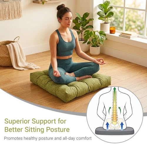 Large Square Floor Cushions Set of 2, 22 x 22 Inch with Non-Slip Bottom, Memory Foam Floor Pillow for Sitting, Meditation & Yoga, Soft Supportive Floor Seating Cushion for Adults & Kids (2, Green) - color: Green