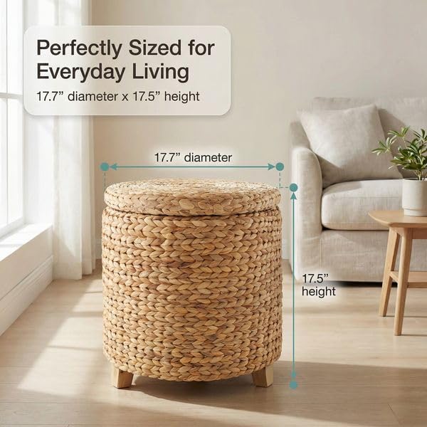 DEILSY™ Natural Water Hyacinth Round Storage Ottoman with Removable Lid, Fabric Liner & Wooden Feet – Handwoven Footstool Ottoman for Living Room, Bedroom & Entryway