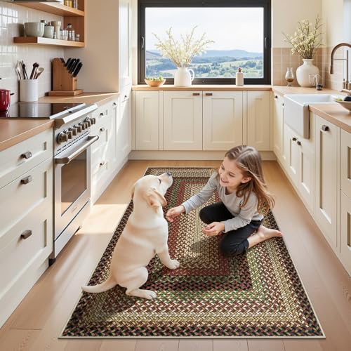 Ileading Faux Braided Area Rug 3'x5' Washable Farmhouse, No-Shed Non-Slip Woven Carpet, Pet Friendly Stain Resistant Jute Style Rug for Kitchen Bedroom Bathroom Entryway - color: Multi Color-red, size: 3' x 5'(Rectangular)