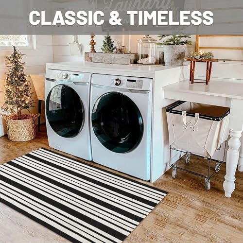 IOHOUZE Black and White Striped Rug 2.3'x3.6' Front Door Rugs Outdoor, Small Washable Area Rug for Front Porch, Spring Summer Doormats Outdoor Indoor, Cotton Rugs for Entryway Porch Entrance - color: Black and White Stripe, size: 2'4" x 3'8" (Rectangular)