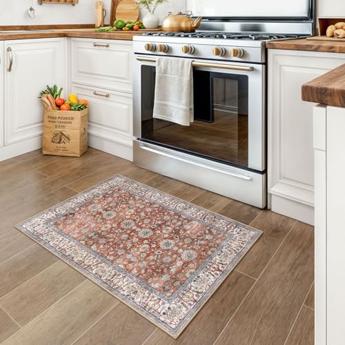 KUTA Vintage Floral Red Clay Entryway Rug 2x3, Kitchen Area Rug Non-Slip Washable Throw Rug, Ultra Thin Soft Print Front Door Mat Indoor Doormat for Entrance, Bedside, or Small Spaces - color: Red Clay, size: 2' x 3' (Rectangular)
