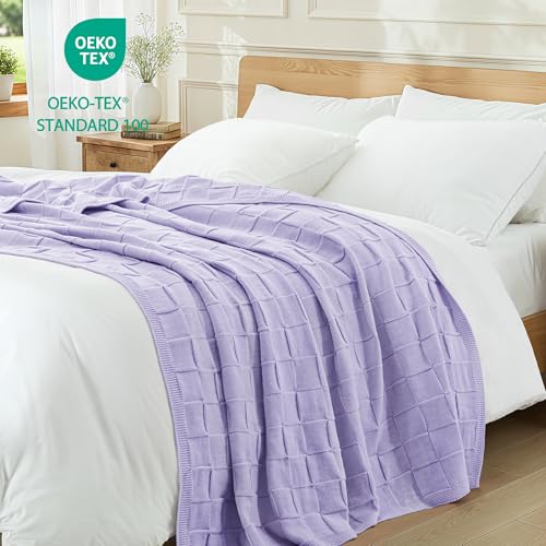 Whale Flotilla Checkered Knit Throw Blanket for Couch, Soft Decorative Knitted Blankets for Sofa Bed, Lightweight Cozy Throws for Spring Summer, 50x60 Inch, Light Purple - color: Light Purple, size: 50x60 Inch