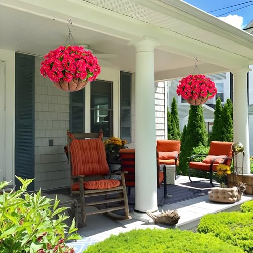 Ammyoo Artificial Hanging Flower Plants with Basket for Outdoor Decoration, Faux Petunias Flowers Fake Morning Glory Planter for Outside Patio Garden Porch Balcony Yard Decor(Rose Red) - color: Rose Red