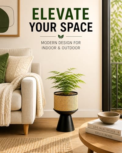 PandS Metal Planter with Stand Beige Rattan-Style Indoor & Outdoor Plant Pot, 12 Inch Decorative Planter with Drainage for Herbs, Succulents & Cactus