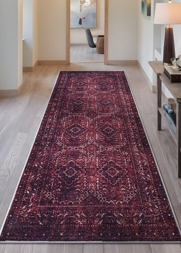 Bloom Rugs Washable Non-Slip 7 ft Runner - Dark Red Traditional Bordered Runner for Entryway, Hallway, Bathroom, and Kitchen - Exact Size: 2.5' x 7' - color: Dark Red, size: 2'6" x 7' (Runner)