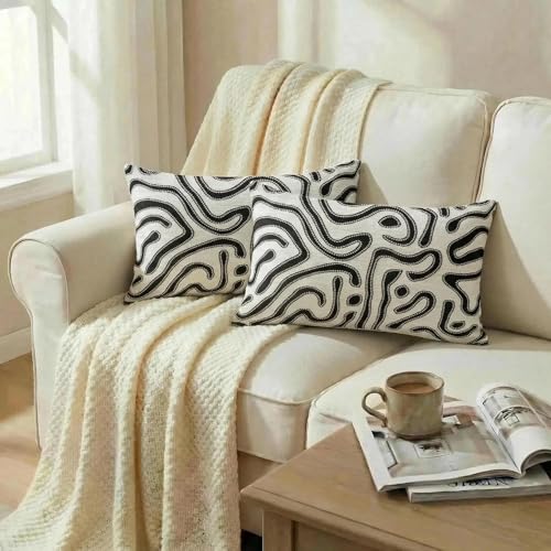 Mantle & Mason Lumbar Pillow Covers 12x20 Set of 2, Chenille Modern Abstract Throw Pillow Covers, White Luxury Textured Decorative Pillow Cover for Couch Sofa Bed Office - color: Artflow Black White, size: 20" x 12" (Pack of 2)
