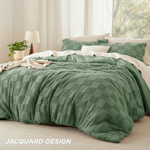 Bedsure Green Queen Size Comforter Set, Boho Tufted Bed Set, Checkered Farmhouse-Style Distressed Vintage Bedding, 3 Pieces, 1 Plaid Geometric Comforter and 2 Pillow Shams - color: 02 - Green - Tufted Checkboard, size: Queen