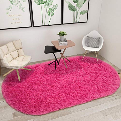 junovo Ultra Soft Washable Shaggy Rug - Non-Slip Oval Carpet for Nursery, Kids Bedroom & Home Decor (2.6x5.3ft Hot-Pink) | Plush Fluffy Floor Mat for Cozy Living Spaces - color: Hot-pink, size: 2.6' x 5.3'