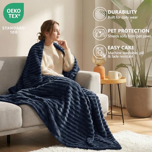 HIMEET Fleece Navy Blue Throw Blanket for Bed - 300GSM Ribbed Soft Cozy Blanket for Couch, Graduation Birthday Gifts for Women Men Dad, College Dorm Essentials Minimalist Room Throws, 50x60 Inches - color: Navy Blue, size: Throw (50" x 60")