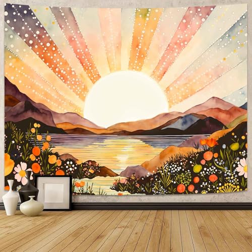 Lunerfex Sunburst Watercolor Tapestry - Landscape Wall Hanging with Mountains and Lake - Boho Aesthetic Decor Tapestries 60"x44" - color: Bright Orange, size: 60"L x 44"W