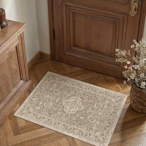 HUGEAR 2x3 Entryway Rug Taupe Machine Washable Rug Small Area Rugs Room Decor Distressed Vintage Indoor Door Mat Low Pile Non Slip Carpet for Kitchen Living Bedroom Soft Lightweight - color: C| Taupe, size: 2' x 3' (Rectangular)