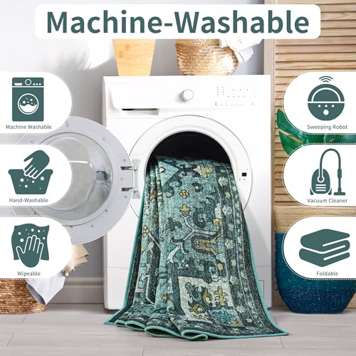 Foxmas 5x7 Area Rugs for Living Room Bedroom, Machine Washable Non-Slip Vintage Rug, Low Pile Throw Rugs with Rubber Backing Washable Carpet for Dining Room Kitchen Home Decor, Teal - color: Teal/Multi, size: 5' X 7' (Rectangular)
