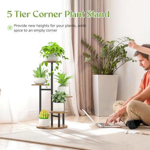 Oppro 5 Tier Plant Stand Indoor, Metal Wood Flower Holder, Heavy Duty Tall Round Multiple Shelf, Sturdy Spiral Planter Orchid Display Rack for House Living Room Patio Corner Bathroom, Modern Black - color: Black-5 Tier