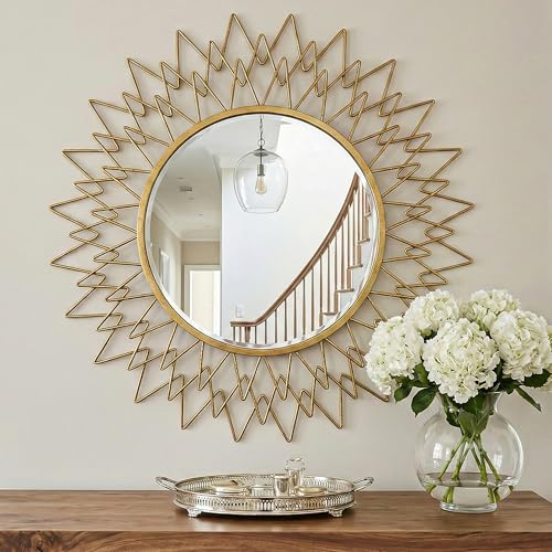 Gold Sunburst Round Wall Mirror 36", Decorative Circle Metal Frame Mirror, Large Decorative Circular Mirror for Living Room Wall Decor - color: Sunburst - 36"l X 36"w