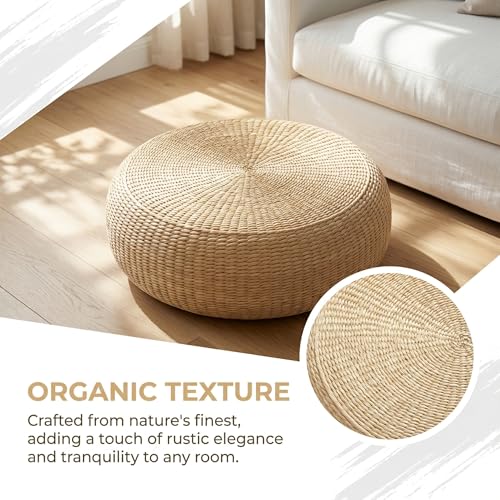 Hand Woven Round Floor Cushion 2 Piece Set, 15.75 Inch Natural Straw Pouf Ottoman, Boho Handmade Seat Footstool for Living Room Bedroom Patio