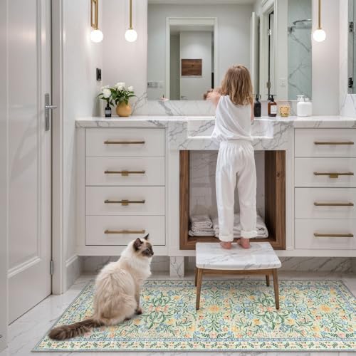Lahome Sylvie Washable Runner Rug 2x6, Boho Bathroom Rug Runner, Vintage Floral Soft Thin Indoor Throw Carpet for Entryway Bedroom Hallway Bath Laundry Room, Green/Multi - color: Tea Green, size: 2' x 6' (Runner)