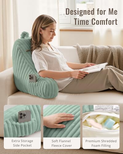 Blissful Diary Reading Pillow for Sitting in Bed, Large Flannel Back Pillow Bed Sitting Up for Adult & Children, Backrest Cushion for Sit Up in Couch or Floor, Dorm Essentials, Mint Green - color: Fuzzy Mint Green, size: Large(20inch)