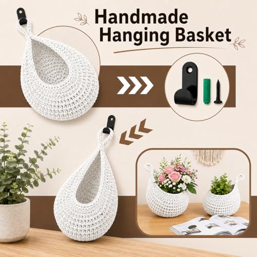 Boho Decor Hanging Fruit Baskets for Kitchen, 3 Pack Handwoven Teardrop Wall Hanging Baskets with Hooks, Storage for Fruits, Onions, Vegetables & Potatoes, 3 Sizes for Home, White - color: White