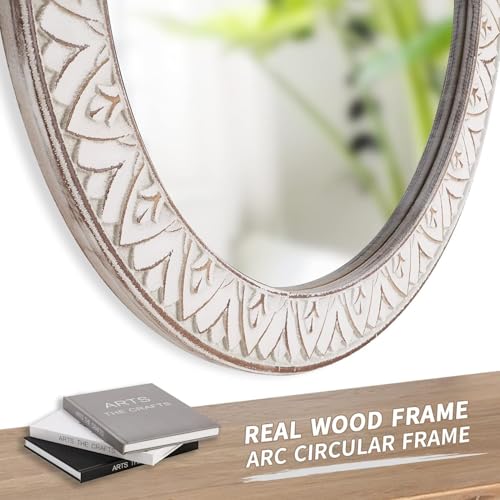 Rustic Round Wood 36 Inch Farmhouse Mirror, Wall Mount, Framed, White, Flower White, Modern & Rustic Style, Decorative Wall Mirror for Living Room, Bedroom, Entryway, Bathroom - color: Flower White, size: 36"L x 36"W