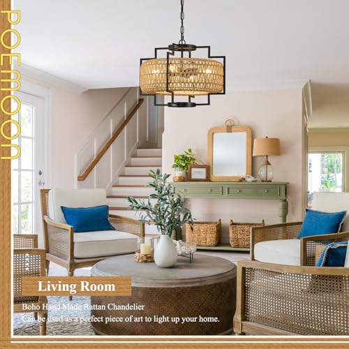 20" Boho Woven Chandeliers 4-Light Hand Rattan Ceiling Pendant Light Fixture Farmhouse Hanging Lighting for Kitchen,Bedroom, Dining Room, Hallway, Entryway, E26 - size: Lantern-20''-V
