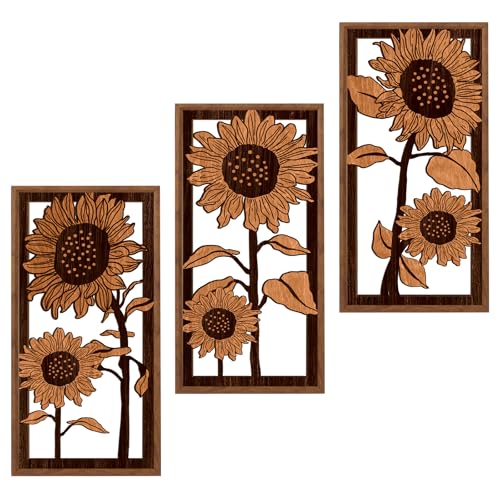 BINCUE 3D Boho Flower Wall Art,Sunflower Wall Decor,Retro Sunflower Artwork,Rustic Framhouse Florals Prints,Flower Plants Wildflower Hanging Decor for Living Room Bedroom Home 8x16 Inches Set of 3 - color: Vintage Sunflower