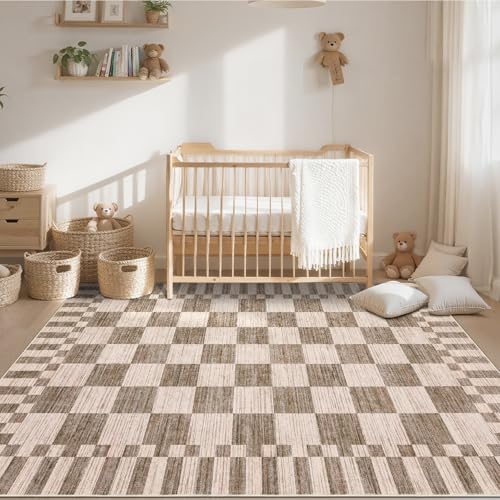 GarveeHome Brown Checkered Rug 6×9 Area Rugs for Living Room,Non-Slip Geometric Tan Brown Print Washable Rug Soft Low-Pile,Neutral Modern Checkerboard Farmhouse Rugs for Bedroom Dining Room - color: Brown, size: 6' x 9' (Rectangular)