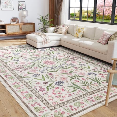 Amearea 8x10 Area Rugs for Living Room, Washable Area Rugs 8 x 10 Pink Floral Rug, Vintage Low Pile Cute Kids Girls Room Print Carpet, Non Slip Office Nursery Bedroom Dining Room Farmhouse Decor - color: Pink, size: 8x10 Feet