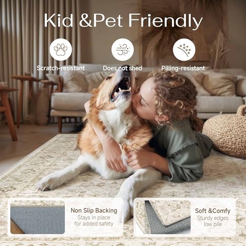 2x3 Beige Washable Neutral Area Rug for Living Room Soft Floral Non Slip Throw Rug Modern Low Pile Stain Resistance Doormat Distressed Carpet Entrance Dining Laundry Room Kitchen Bathroom - color: Neutral | Beige, size: 2'x3'