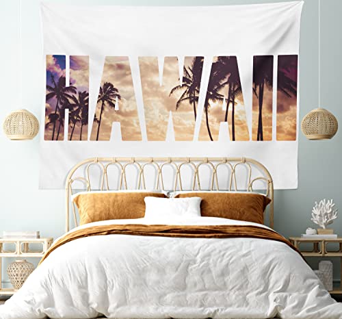 Ambesonne Hawaiian Tapestry, Tropic Silhouette Palm Trees at Sunset Cloudy Sky Hawaii Typography Skyscape, Wide Wall Hanging for Bedroom Living Room Dorm, 60" X 40", Brown Beige - color: Brown Beige, size: 60"L x 40"W