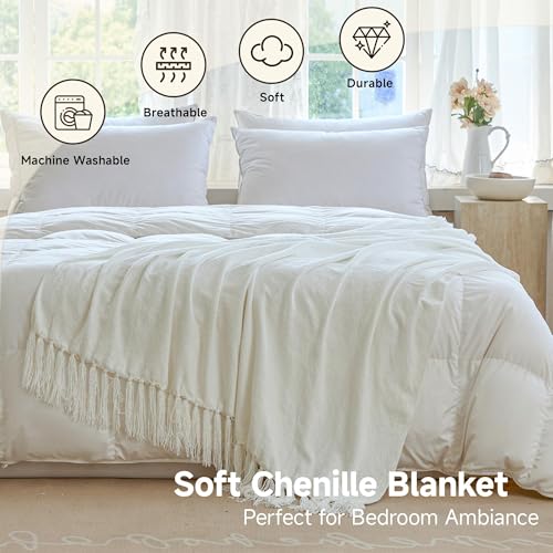 Simple&Opulence Soft Chenille Throw Blanket 50'' x 60'' - Cozy Fluffy Blanket with Fringe Tassel, Farmhouse Boho Blankets for Couch Bed Office Chair Gift Home Decor All Season Use, Cream - color: Cream