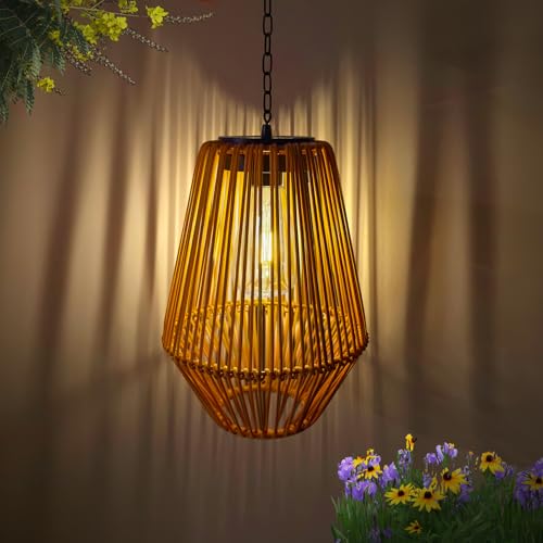 Livinlarge Rattan Solar Lantern Waterproof,Hanging Chandelier Lights Patio Porch Garden Farmhouse Decoration Rustic Handmade Outdoor Wicker Pendant Lamps - style: Rattan Pendant Lights-3