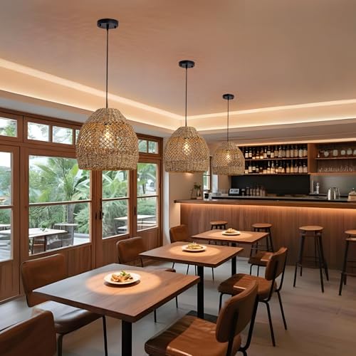Boho Rattan Pendant Lights 13.8IN Farmhouse Dining Room Light Fixtures Hand-Woven Seagrass Chandelier Coastal Wicker Hanging Lighting for Kitchen Island Entry Living Room Bedroom Foyer Restaurant - color: Coffee-C