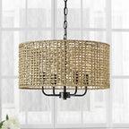 Rattan Wicker Drum Chandeliers for Dining Room, 4-Light Bohemian Hand-Woven Farmhouse Drum Pendant Chandelier Light Fixture for Entryway Living Room Kitchen Stairway Bedroom Hallway - color: Black 4-Light Drum