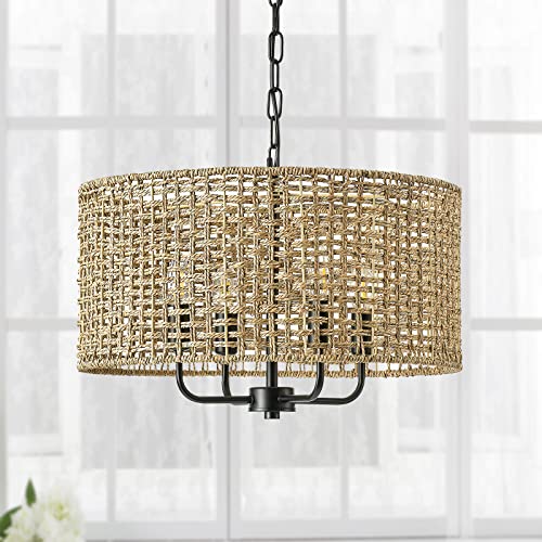 Rattan Wicker Drum Chandeliers for Dining Room, 4-Light Bohemian Hand-Woven Farmhouse Drum Pendant Chandelier Light Fixture for Entryway Living Room Kitchen Stairway Bedroom Hallway - color: Black 4-Light Drum