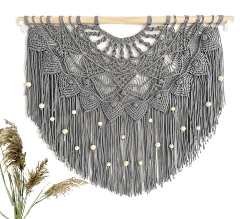 Youngeast Large Macrame Wall Hanging Boho Beaded Curtain for Window Macrame Bedroom Headboard Living Room Wall Art Tassel Tapestry Bohemian Woven Wall Decor 31" W X 25" H (Grey) - color: Grey