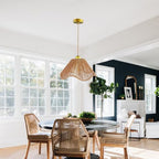 Boho Rattan Pendant Light, Shell-Shaped Boho Ceiling Lamp with Adjustable Height, E26 Lamp, Gold Finish, 12 Inch Diameter for Living Room/Bedroom/Dining Areas, cafes & entryways - color: 12” Flower shape
