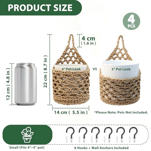 4 PCS 5-Inch Macrame Wall Plant Hangers, Small Wall Hanging Plant Holder with Hooks, Natural Cotton Rope Hanger for Indoor Plants & Daily Storage, Boho Home Decor