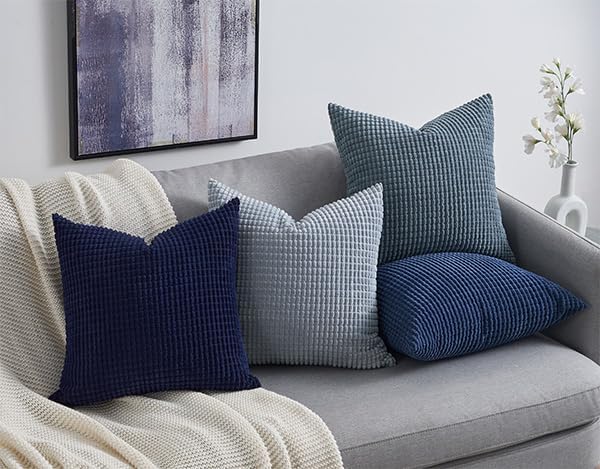 Topfinel 4 Packs Blue Decorative Throw Pillow Covers 22x22 Inch for Living Room Couch Bed Sofa, Boho Western Farmhouse Home Decor, Square Soft Moss Corduroy Fall Cushion Case 55x55 cm - color: Blue, size: 22" x 22" (Pack of 4)
