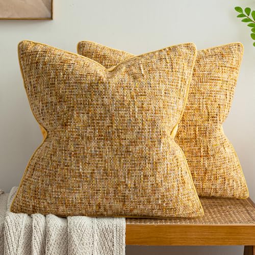 A Moment Bright Yellow Reversible Pillow Covers 2 Pack - Farmhouse Chenille Velvet Throw Pillows, Neutral Textured Decorative Throw Pillow Covers with Border for Couch Sofa Bed (16x16 Inch, No Insert) - color: Bright Yellow, size: 16" x 16" (Pack of 2)