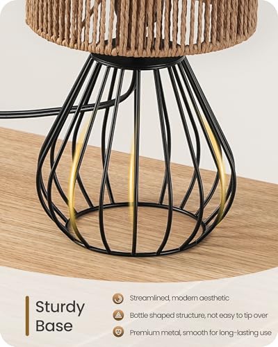 Rattan Table Lamp, Boho Table Lamp, Small Bedside Lamp, Handwoven Paper Lampshade, 2700K LED Bulb Included, Boho Desk Lamp, Modern Nightstand Lamp for Bedroom, Living Room, Striped SW06TL05 - color: Striped + Black