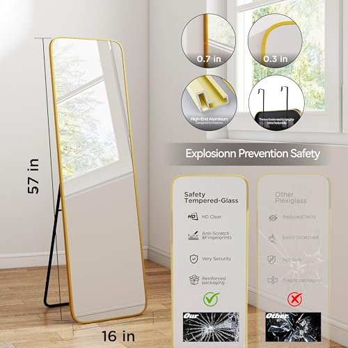 SCWF-GZ 57x16 Full Length Mirror Over The Door Hanging, Floor Stand/Wall Mounted Aluminum Alloy Frame Dressing Mirror for Bedroom Living Room 57 inch Gold - color: Gold, size: 57"L x 16"W