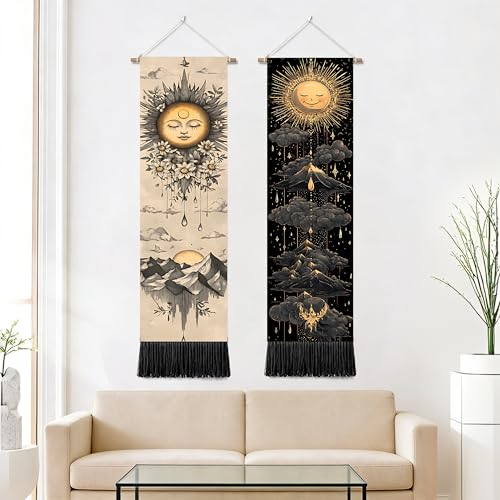 seewan 2 Pack Long Vertical Wall Tapestry, Boho Nature Landscape & Floral Aesthetic Wall Hanging for Bedroom Living Room Home Decor, Long Narrow Art Tapestry with Sunrise Mountain Botanical Designs, 13" × 51" (Celestial Sun Motif, 13"Wx51"H, Unframed) - c