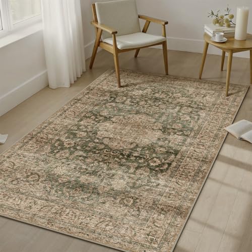 3x5 Washable Area Rug Green Brown Vintage Non Slip Soft Low Pile Rug for Entryway Kitchen Bathroom Distressed Oriental Throw Carpet for Living Room Bedroom Home Decor - color: Green/Brown, size: 3' x 5' (Rectangular)