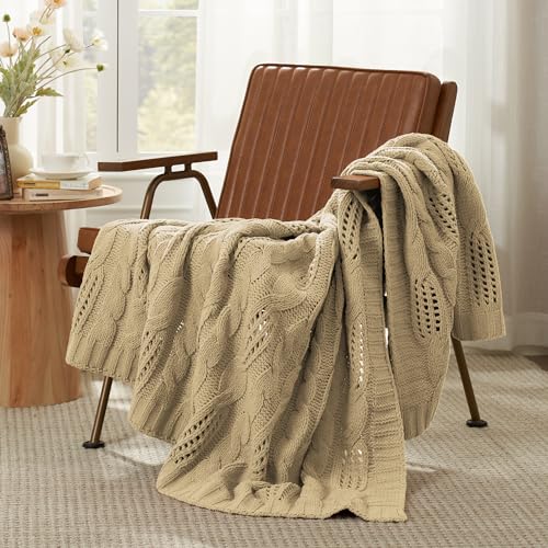 Amélie Home Chunky Knit Throw Blanket, Dual-Sided Soft Chenille Breathable Cable Knitted Blanket for Couch, Farmhouse Decorative Throw for Sofa & Chair, 50"x60", Beige - color: Beige, size: Cable Knit 50"x60"