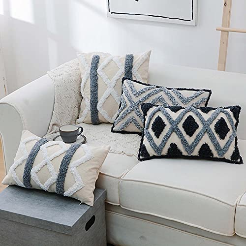 Woven Tufted Boho Cushion Cover Set of 2 Geometric Diamond Square Decorative Throw Pillow Cover for Couch Sofa Bedroom Living Room, Oblong Pillowcase (Square A, 18 x 18 inch) - color: Square a, size: 18" x 18" (Pack of 2)