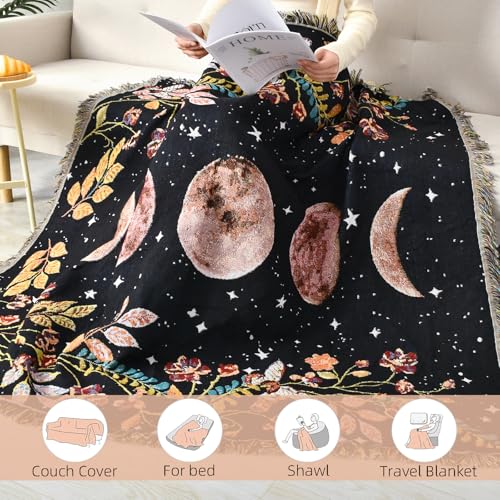 Boho Throw Blanket Reversible Cotton Bohemian Tapestry Hippie Room Decor Double Sided (Lunar Eclipse Black 50"x60") - color: Lunar Eclipse Black, size: 50*60 inch
