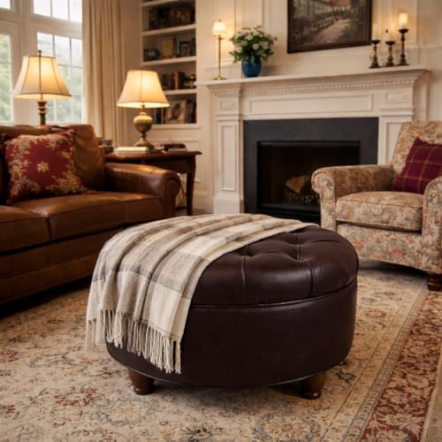 HomePop 25" Button Tufted Round Storage Ottoman - Distressed Brown Faux Leather - color: Brown