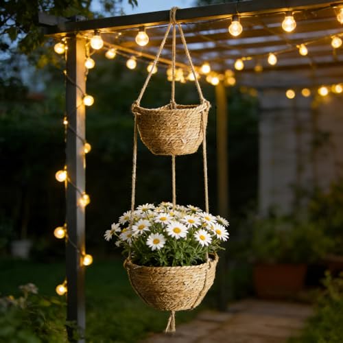 Double Layer Woven Hanging Planter, Boho Style Hanging Flower Basket, 2-Tier Macrame Holder for Indoor Home Garden Living Room Balcony Porch (Color B) - color: Color B