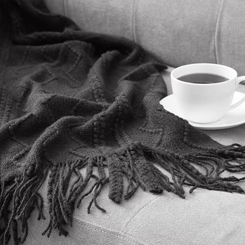 BOURINA Black Throw Blanket 50x60 Inches Throw Textured Solid Soft Sofa Couch Decorative Knit Blanket - color: Black, size: 50"x60"